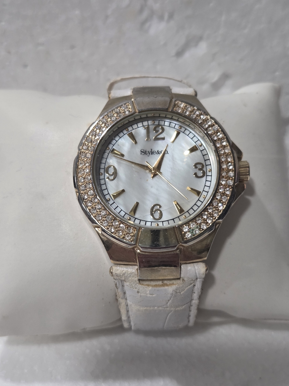 Style&co Gold-Tone Crystal Bezel Watch with White Strap